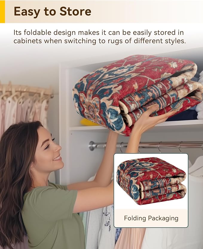 RELEANY Area Rugs 3'x5' Washable Non-Slip, Floral Vintage Distress Medallion Carpet for Living Room Bedroom Dining Room, Red Blue