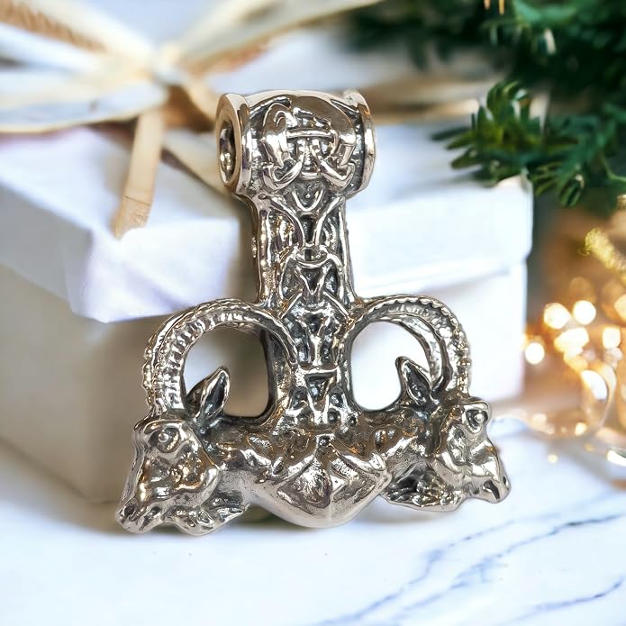 Large Thor Hammer Mjolnir Necklace 925 Sterling Silver - Odins Viking Pendant with Thors Goats and Runes - Mens Pagan Nordic Norse Mythology Jewelry for Men - Handmade - 1oz (27 g)