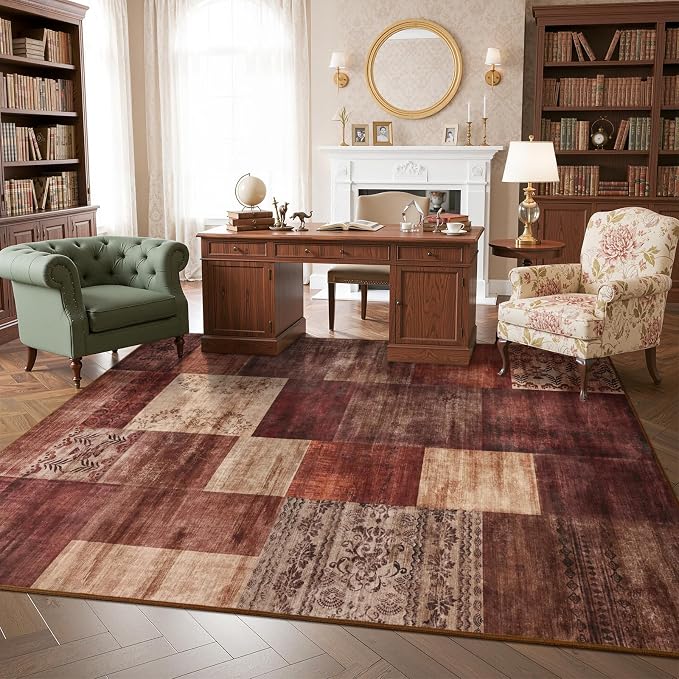 DweIke Washable Area Rugs 8x10 for Living Room, Large Modern Geometric Red Soft Patchwork Carpet, Non-Slip Stain Resistant Throw Rug for Bedroom Dining Room Office Home Decor