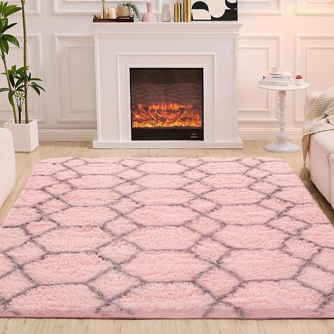 Fluffy Rug for Bedroom, Soft 6x9 Pink Shag Plush Geometric Area Rugs | Modern Pink and Grey Rug, Non Slip Carpet for Living Room, Aesthetic Home Decor, Fuzzy Floor Mat for Nursery Teen Dorm
