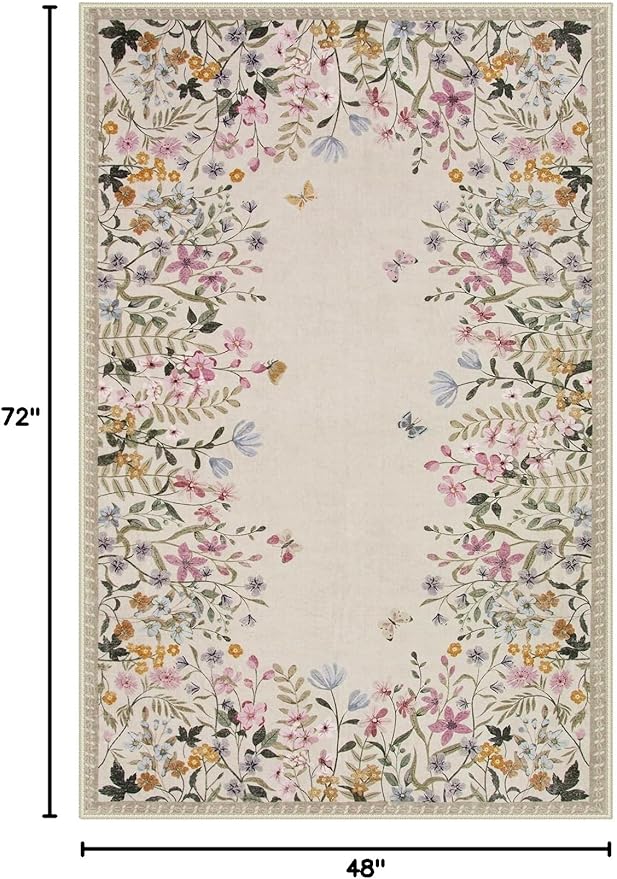 Wonnitar 4x6 Washable Area Rug, Boho Floral Bedroom Rug, Botanical Carpet for Nursery, Beige Non Slip Office Rug, Farmhouse Kitchen Kids Playroom Decor (4x6 Beige)