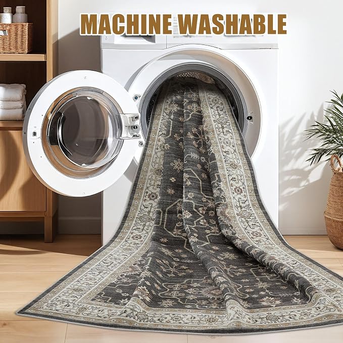 Area Rug for Living Room - 10x12 Soft Washable Oriental Vintage Floral Distressed Large Carpet - Fade Stain Resistant Non Slip Rugs for Bedroom Dining Room Nursery Dorm Office Home Decor - Black