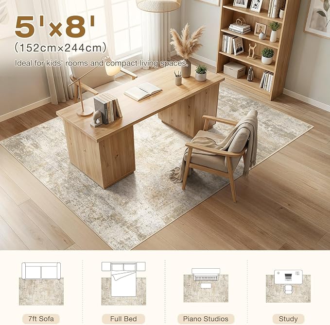 cotiled 5x8 Area Rug Abstract Soft Non Slip Washable Rugs for Living Room | Stain Resistant, Robot Vacuum & Pet Friendly, Low-pile, For Living Room, Bedroom, Dining Table, Nursery Beige