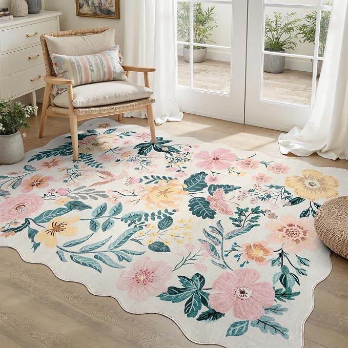 DCX Pink Floral Rug 3x5, Washable Pink Rug for Living Room, Kid & Pet Friendly with Rubber Back Non Slip, Soft Low Pile Carpet, Stain Resistant Rug for Bedroom, Nursery, Dining Room