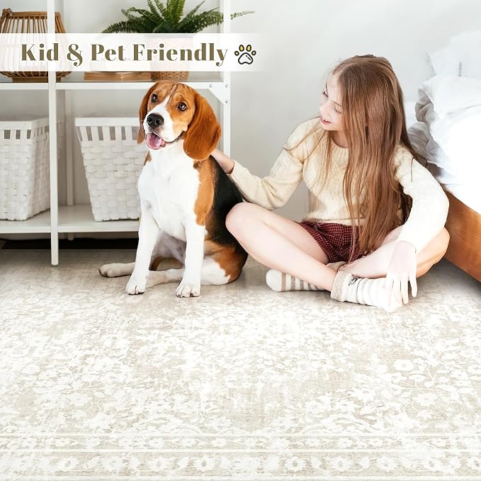 Vintage Living Room Area Rug - 10x14 Large Machine Washable Boho Area Rug Distressed Floral Rugs for Bedroom, Soft Non-Slip Indoor Floor Accent Rugs for Office Dining Room (Cream Beige, 10'x14')