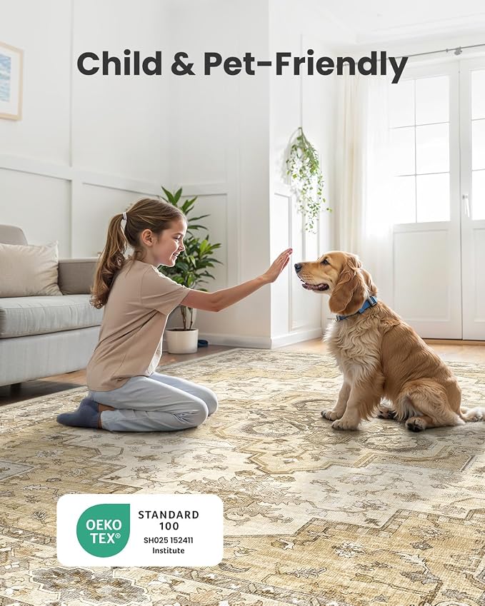 AMADA HOMEFURNISHING 9x12 Area Rug for Living Room,Vintage Washable Area Rug Low-Pile & Non-Slip Carpet for Bedroom Dining Room Nursery Home Office, Beige/Cream