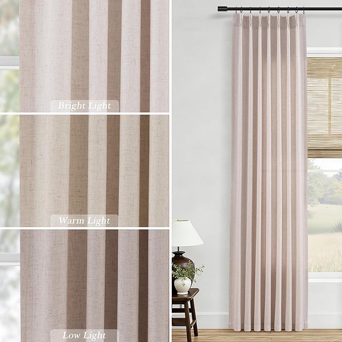 Natural White Linen Pinch Pleated Semi Sheer Curtains 90 Inches Long for Living Room Bedroom Light Filtering Natural Textured Burlap Drapes 90 Length Hooks Rings Back Tab for Sliding Door 2 Panels