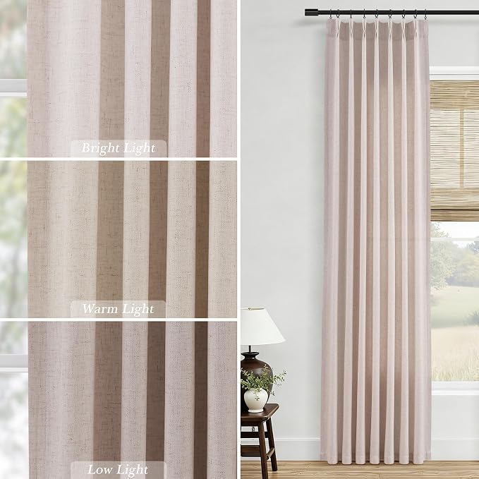 Aersas Natural White Pinch Pleated Linen Curtains 112 Inches Long for Living Room Bedroom Light Filtering Neutral Farmhouse Curtain 112 Length Hooks Rings Back Tab for Sliding Door 2 Panels