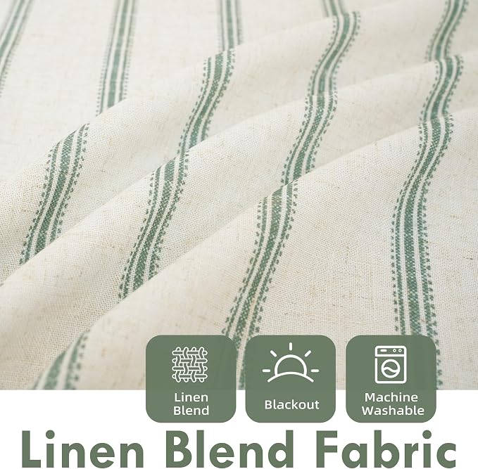 DriftAway Farmhouse Stripe Blackout Curtains, W52xL63, Loden Green | Blackout, Linen Texture, Stripe Pattern, Rod Pocket & Back Tab, Two Layers, Bedroom Living Room Use, Sound Reducing Design