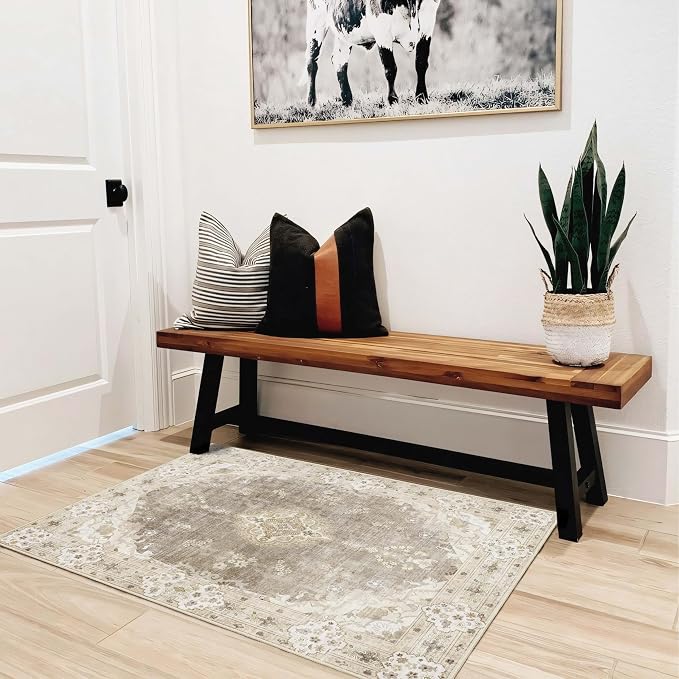 MUJOO Beige Rug 2'x3' Washable Area Rug Small Non Slip Low-Pile Floral | Machine Washable Throw Carpet for Entryway Kitchen Bathroom Bedroom Boho Soft Indoor Vintage Bohemian Distressed Flowers
