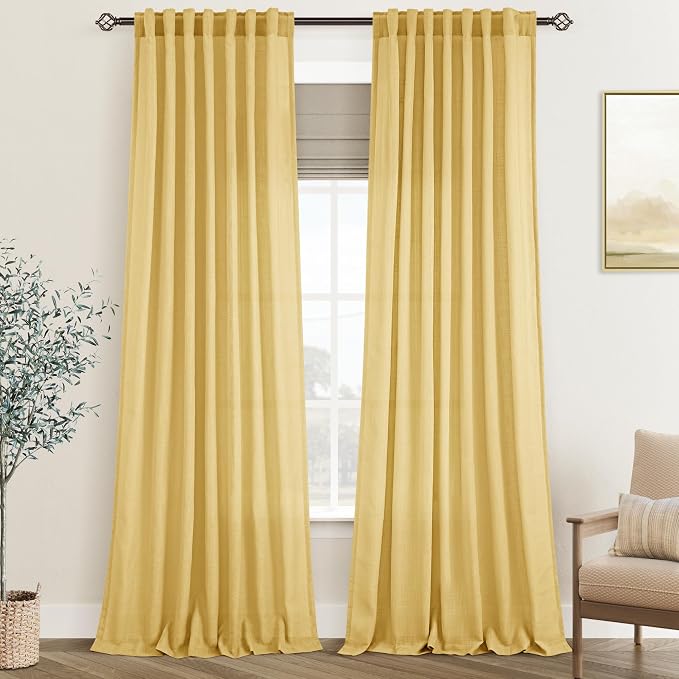 Gold Curtains for Living Room Back Tab Modern Farmhouse Semi Sheer Curtains 108 inches Long 2 Panels Set Muted Neutral Window Curtain for Dining Room Bedroom 52x108