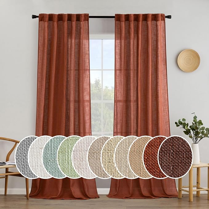 MIULEE Burnt Orange Linen Curtains 90 Inch Length 2 Panels for Bedroom Living Room, Soft Thick Linen Textured Window Drapes Semi Sheer Light Filtering Back Tab Rod Pocket Fall Decor, W37xL90