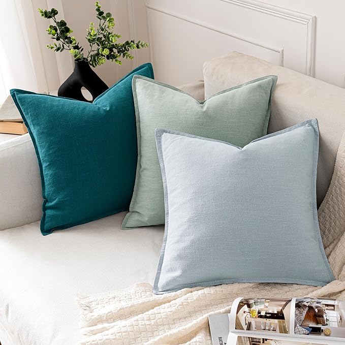 MIULEE Decorative Linen Pillow Covers 18x18 Inch Teal Blue | Boho Farmhouse Neutral Couch Throw Pillows for Bed, Pack of 2 Accent Modern Pillowcases, Sofa Livingroom Home Decor