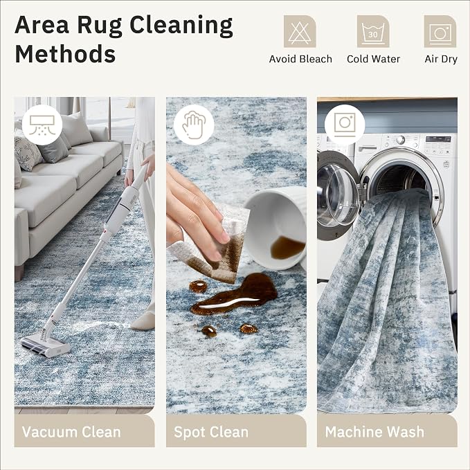 Soalmost Abstract Rug 8x10 Large Living Room Rugs Neutral Modern Washable Area Rugs for Bedroom Dining Room Non-Slip Stain Resistant Foldable Thin Blue