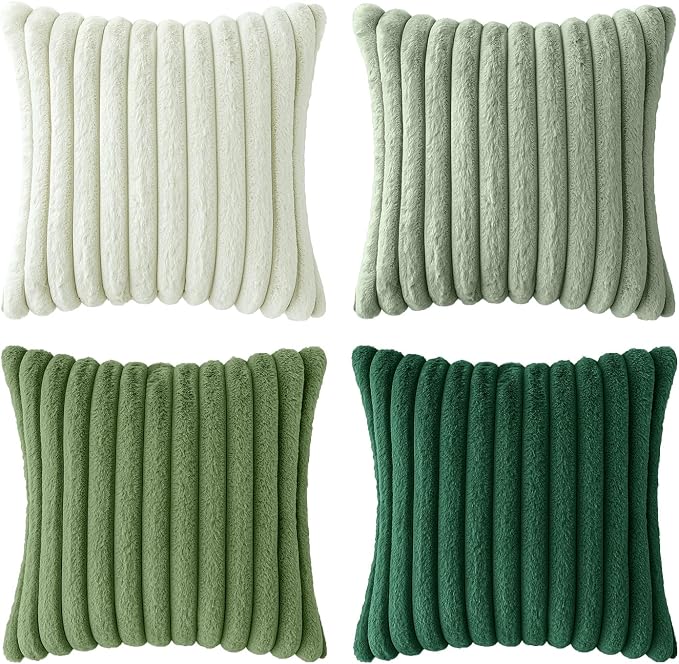 MIULEE Faux Fur Plush Decorative Throw Pillow Covers 18x18 Set of 4, Spring Modern Soft Fuzzy Striped Cushion Covers for Sofa Couch Bed Living Room Cozy Home Decor,Green