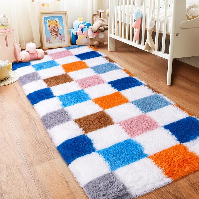 Pionblank Checkered Rug for Bedroom 2x6 Colorful, Modern Fluffy Runner Rugs for Living Room, Super Soft Shaggy Bedside Carpet for Kids Room Nursery Teens Dorm Decor, Rainbow