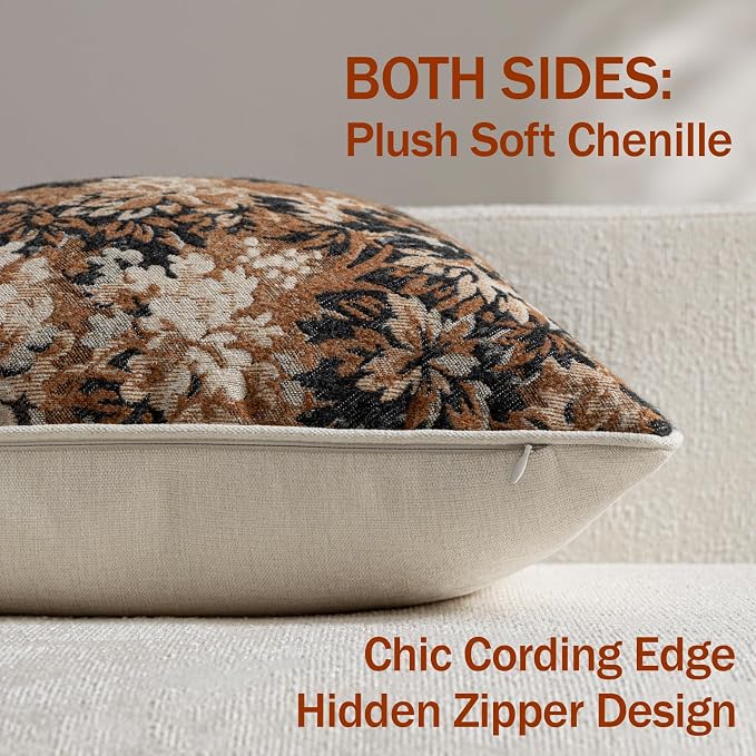 DEZENE Pack of 2 Vintage Floral Throw Pillow Covers 18x18 Boho Farmhouse Accents Chenille Square Decorative Pillow Cases for Living Room Couch Bed Home Decor, Cognac