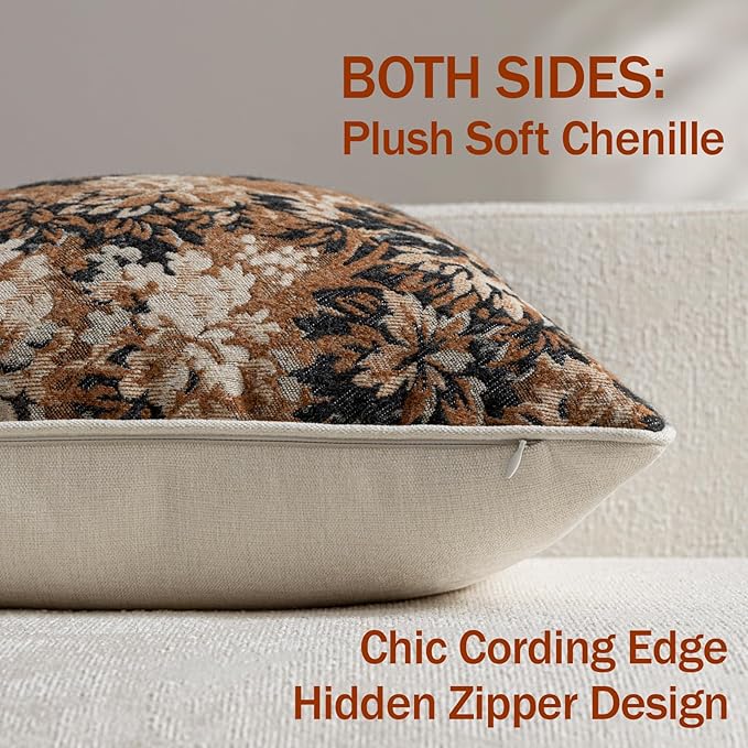 DEZENE Pack of 2 Vintage Floral Pillow Covers 12x20 Boho Farmhouse Accents Chenille Rectangular Lumbar Decorative Throw Pillow Cases for Living Room Couch Bed Home Decor, Cognac