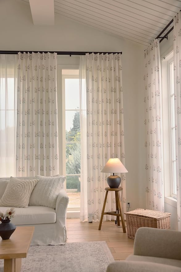 DrapePalette - Linen Blend Pinch Pleated Curtains 80 Inches Long for Living Room, Bedroom, Dining Room, Light Filtering Curtains 2 Panels Set, Modern Floral Printed Design, Beige White, 30" W x 80" L