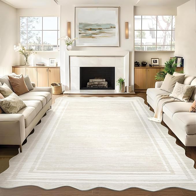 Garvee Scalloped Modern Abstract Rug 5x7 Washable Rug for Bedroom, Non-Slip Non-Shedding Soft Living Room Rug, Minimalist Scalloped Low-Pile Throw Carpet for Dining Room Home Office, Beige | Rugs for Living Room, Non-Slip Soft Carpet for Bedroom, Scall...