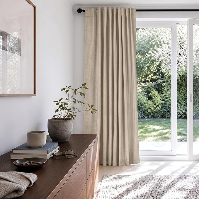100% Blackout Shield Linen Blackout Sliding Door Curtains for Living Room, Back Tab/Rod Pocket Thermal Insulated Curtains for Sliding Glass Doors, 1 Panel Set, 100" W x 96" L, Oatmeal