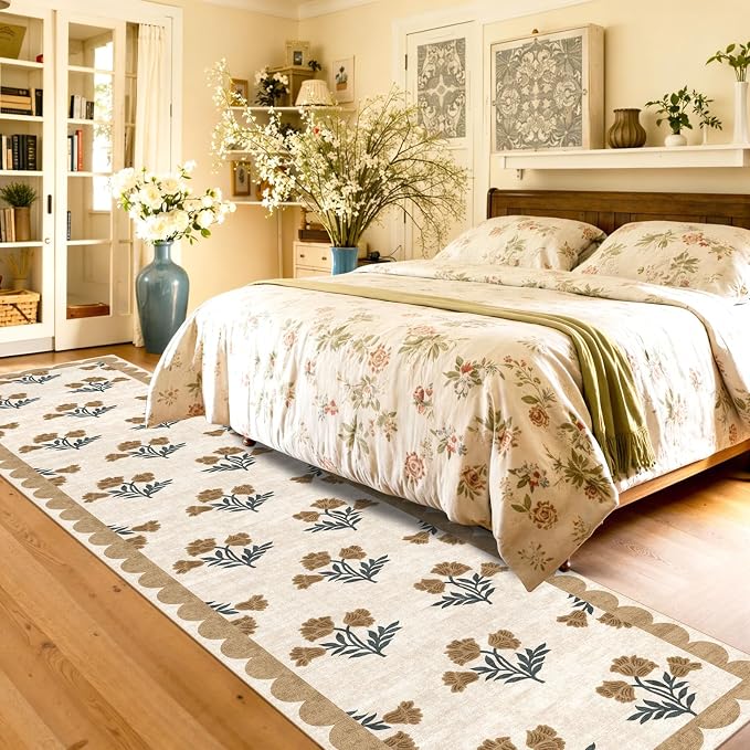 Non Slip Washable Hallway Runner Rug - 2x12 Extra Long Beige Kitchen Runner Rug Soft Boho Runners for Hallways Vintage Floral Scalloped Area Rug for Bedroom Entryway Foyer Stair Runner Decor