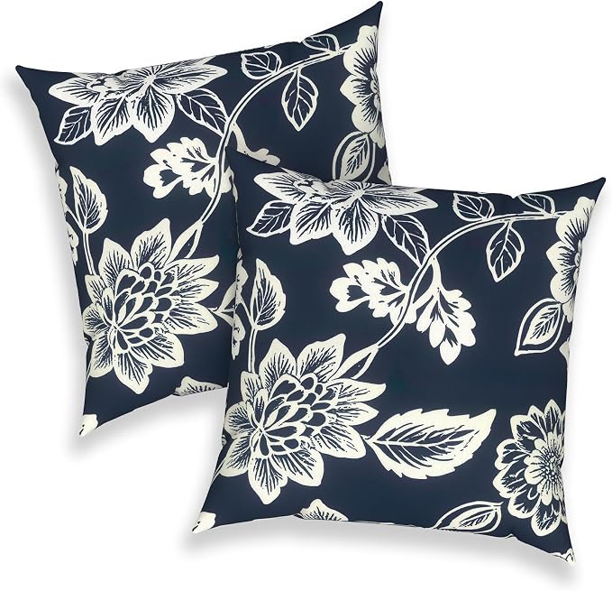 Outdoor Throw Pillows 16x16 Inch, Water Repellent Patio Pillows with Inners Set of 2 for Patio Furniture Home Graden, Elegant Vines Navy