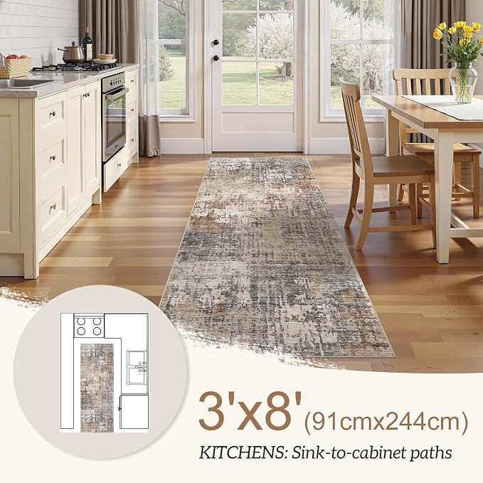 DMOYEST Washable Runner Rug for Hallway: 3x8 Neutral Modern Abstract Low Pile Area Rug with Non-Slip Backing - Carpet for Bedroom Kitchen Laundry Entryway Bathroom Indoor - Grey Brown