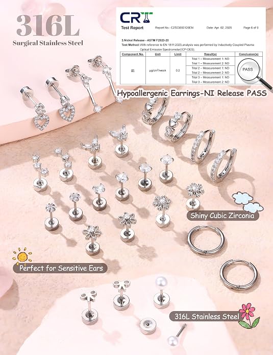 LOLIAS Hypoallergenic Flat Back Earrings for Women Girls-Surgical Stainless Steel Earrings for Sensitive Ears-Cute Flatback Stud Earring Set Small Hoops Cartilage Earring Stacks