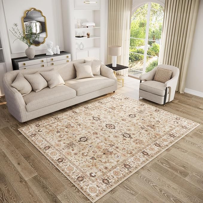 Washable Rugs for Living Room: 5x7 Area Rugs for Bedroom Ultra Soft Non-Slip Stain Resistant Vintage Boho Large Carpet for High-Traffic Dining Room - Farmhouse Decor