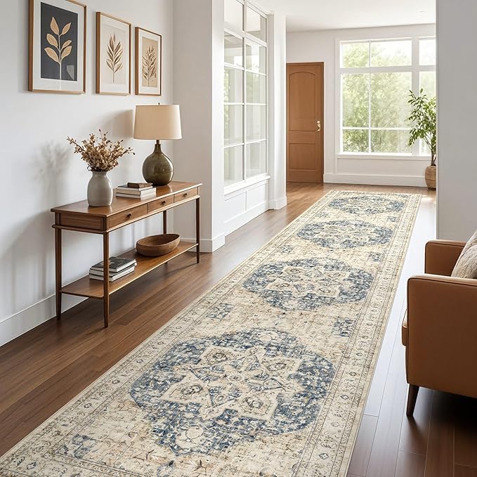 Tortania Area Rug 3x8 Runner Rugs - Washable Vintage Oriental Farmhouse Thin Indoor Carpet for Living Room Bedroom Hallway Entryway Kitchen Under Dining Table Home Office - Cream/Blue