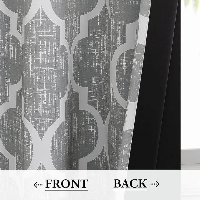 Beauoop Moroccan 100% Blackout Curtains Bedroom Grey 50x72 2 Panels | Geometric Room Darkening Drapes for Living Room 84 Inch Long Thermal Insulated Soundproof Lattice Window Treatment Rod Pocket