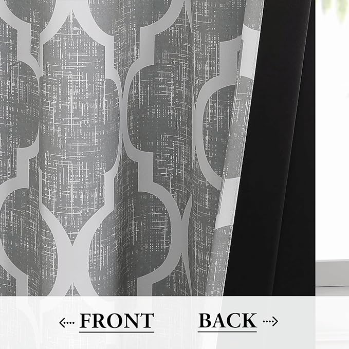 Beauoop Moroccan 100% Blackout Curtains Bedroom Grey 50x84 2 Panels | Geometric Room Darkening Drapes for Living Room 84 Inch Long Thermal Insulated Soundproof Lattice Window Treatment Rod Pocket