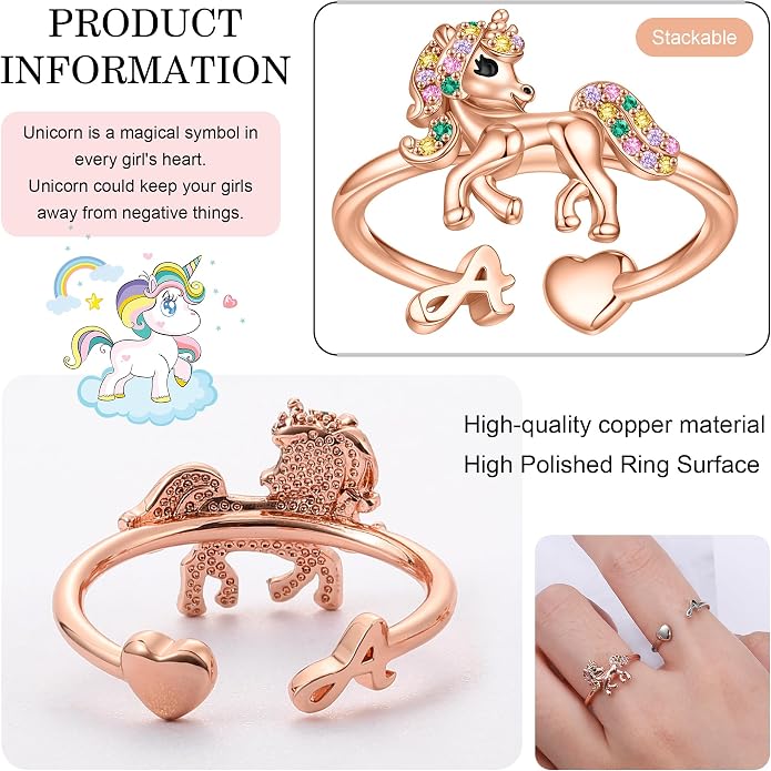 Unicorn Initial Rings for Teen Girls, Rose Gold/White Gold Plated Heart Initial Rings for Girls Adjustable Stackable Rings for Women Diny Heart Ring for Teen Girls Gifts Unicorns Gifts for Girls