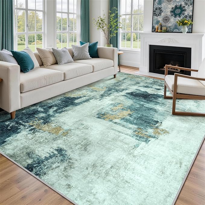 8x10 Area Rugs for Living Room Rug Washable: Abstract Large Rug for Dining Room Bedroom Carpet Non Slip 8 by 10 Indoor Modern Nursery Home Office Teal Grey Gold