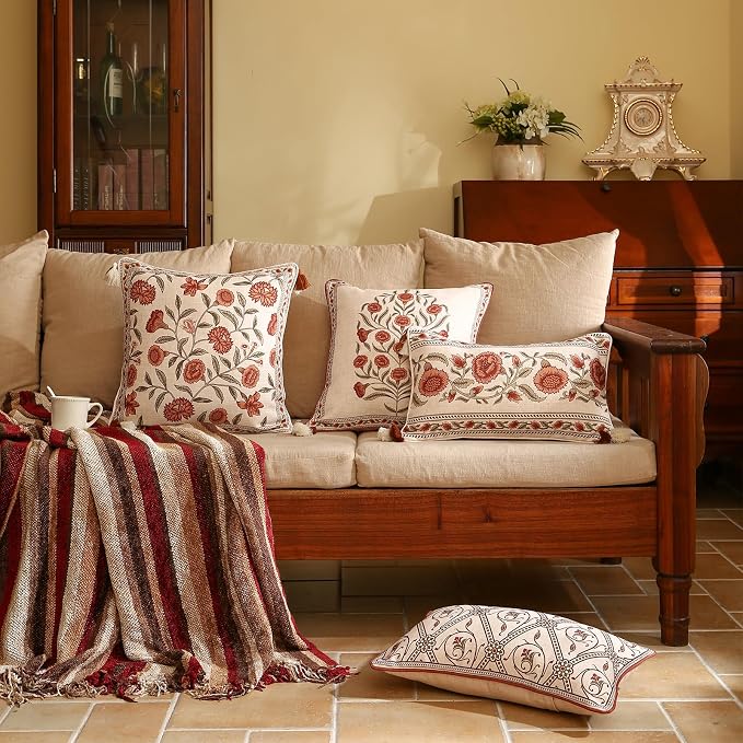 ISAENNE Vintage Linen Square Throw Pillow Cover,Set of 2,18"x18"-Albano A | Designer French Pillow Cover,Concealed Zipper Design,Orange Floral Pattern,Sofa,Bedroom,Living Room,Lounge Chairs