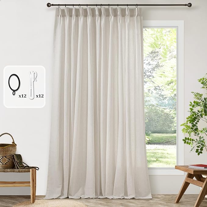 Pinch Pleat 120 Inch Long Linen Curtains 72 Inches Width Extra Wide | Light Filtering Semi Sheer, Memory Trained, Pleated Curtain, for Patio Balcony High Living Room, Boho Neutral, 72 x 120, 10FT