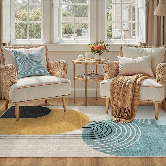 DCX Machine Washable Area Rug 9x12, Mid Century Modern Non Slip Stain Resistant Rug 9x12 for Living Room, Playroom, Dining Room, Soft Low Pile Large Carpet, Blue & Yellow