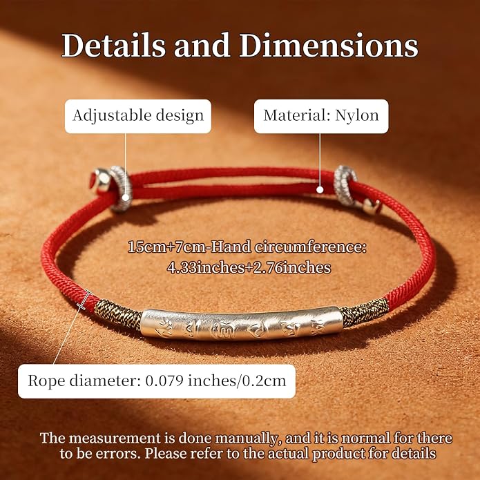 Om Mani Padme Hum Bracelet, Handmade Tibetan Buddhist Mala Bracelet with Six True Words Mantra for Protection, Good Luck & Positive Karma, Adjustable Red or Black String Bracelet for Women & Men