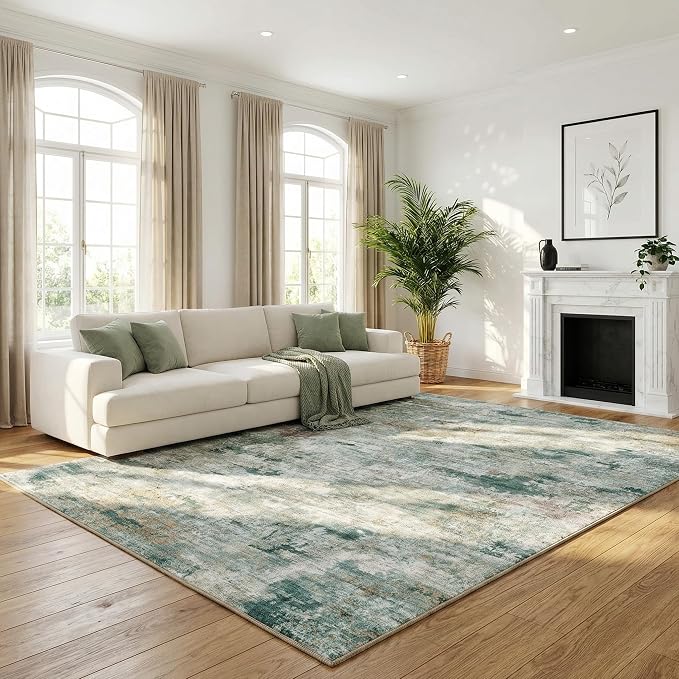 Water Resistant Area Rug Washable Pet Friendly Carpet for High Traffic Living Room Nursery Bedroom Foldable 0.26 Inch Abstract Thin Rugs with Silicone Backing, 5'x7', Sage Green