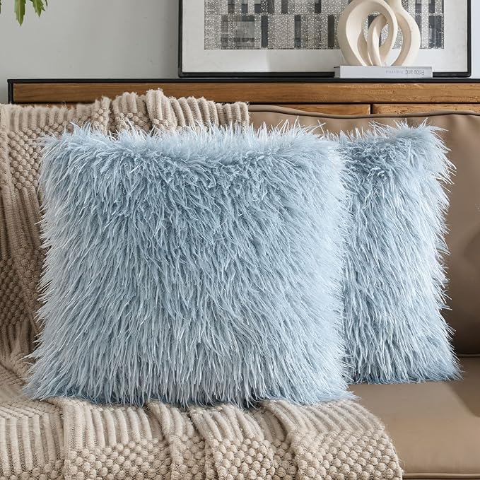 FUTEI Pack of 2 Shaggy Mongolian Faux Wool Throw Pillow Covers 18x18 Inch Soft Fluffy Farmhouse Decorative Cushion Case for Couch Bed Living Room, Dusty Blue