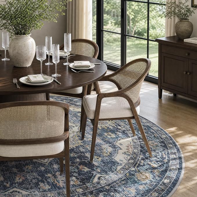 AMOAMI-6FT Round Rug-Rugs for Living Room-Vintage Soft Blue Rugs for Bedroom-Non Slip Circle Rug-Machine Washable Rug for Dining Room Living Room Bedroom Office Under Table
