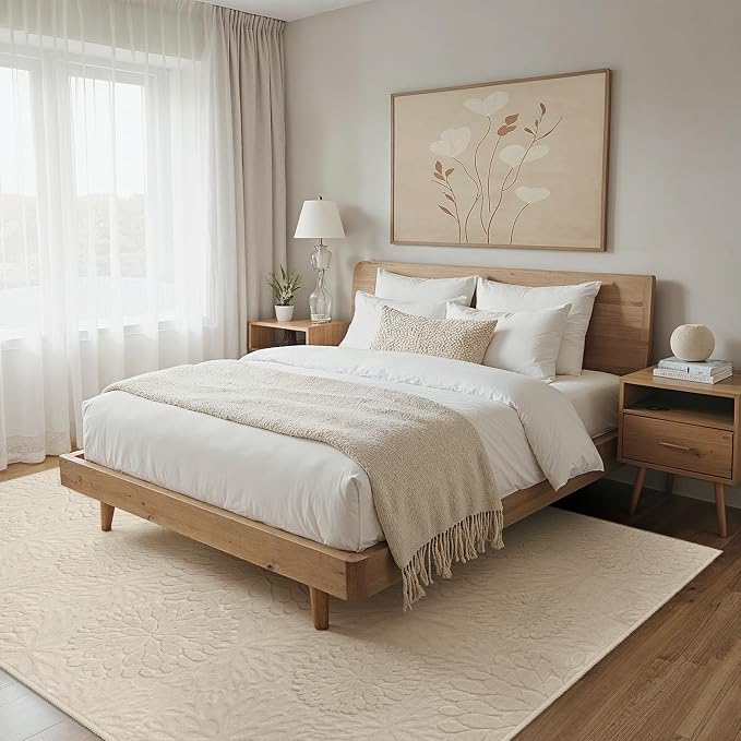 GENIMO Soft Washable Area Rugs 6x9, 3D Modern Floral Rugs for Living Room, High-Low Pile Textured Non Slip Fuzzy Shag Carpet, Non-Shedding Stain Resistant Thin Beige Rugs for Bedroom, Dining Room