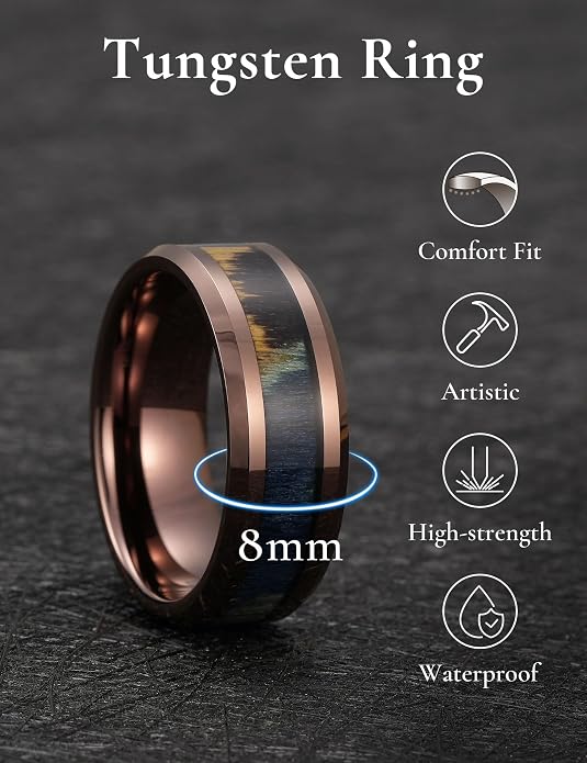 King Will Black Tungsten Wedding Band For Men, 8mm Promise Ring Inlay Red Twill Pattern/Colorful Wood Chips, High Polished Beveled Edge - Suitable For Daily Wear, Comfort Fit Size 7-14