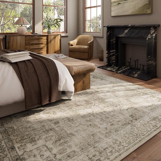 Washable Area Rugs for Living Room: 8x10 Bedroom Area Rugs Boho Vintage Rugs Stain Resistant Non Slip Low Pile Soft Lightweight Carpet for Kitchen Dining Room Farmhouse Nursery Kids Room Home Office
