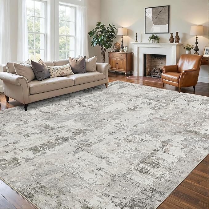 GarveeHome 9x12 Abstract Area Rugs Neutral Beige Washable Living Room Rug | Abstract Low Pile Non Slip Rug Modern Floor Mat Carpet Indoor Accent Rug for Dining Room Playroom Nursery Home Decor