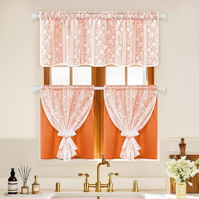 ASPMIZ Linen Kitchen Curtains Double Layers Window Curtain with Linen Lace, Farmhouse Cafe Curtain 36 Inch Length Rod Pocket, Light Filtering Bathroom Tier Curtains with 2 Tiebacks, Orange