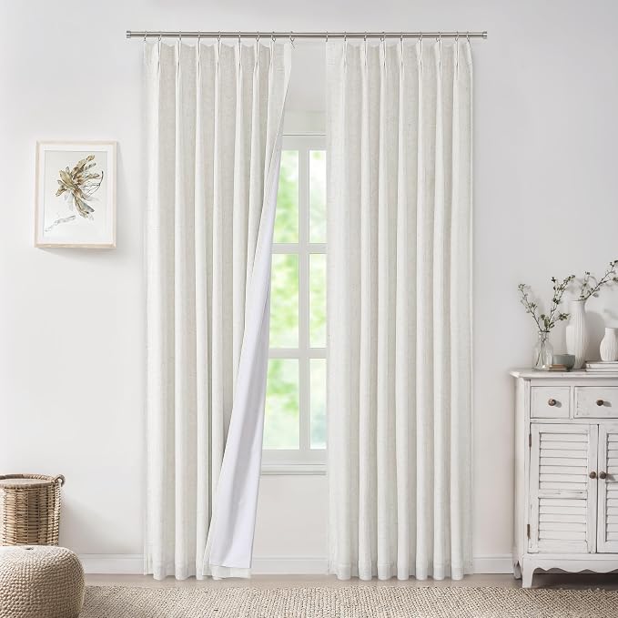 WEST LAKE Bailey Pinch Pleated Linen Full Blackout Curtains 95 Inches Long,Natural Farmhouse Textured Window Panel with Back Tab,Thermal Insulated Window Treatment for Bedroom,Living Room,40"Wx95"Lx2 | Natural Farmhouse Textured Window Panel,Back Tab,T...