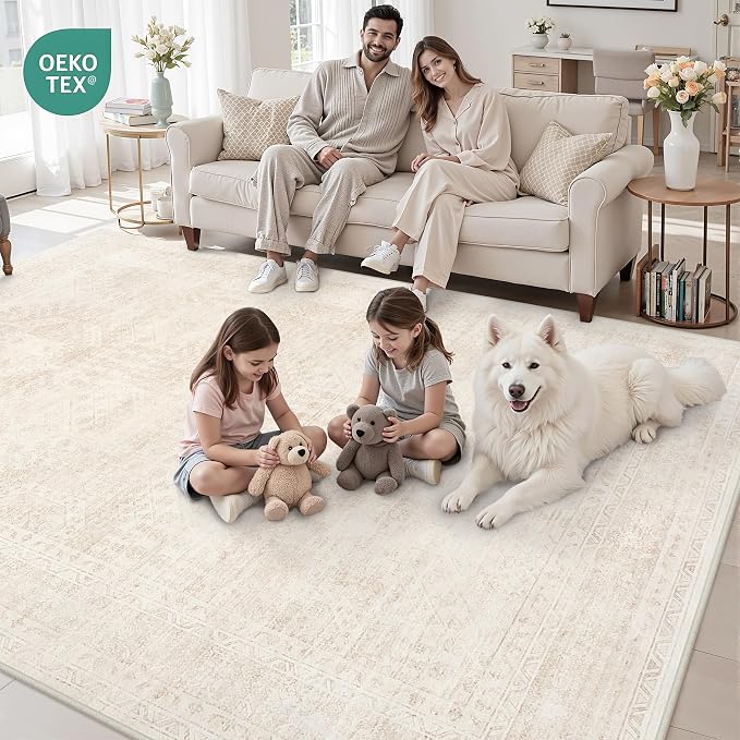 10x14 Area Rugs for Living Room: Vintage Boho Neutral Washable Rug Indoor Soft Large Area Rug Carpet for Bedroom Nursery Farmhouse Dining Room Office Floor Non-Slip Low Pile Under Table Rug Beige