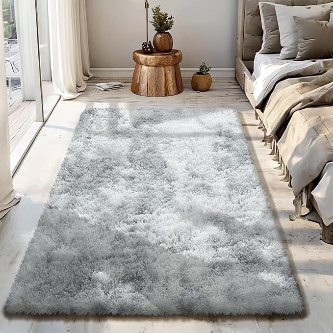 Fluffy Rug Shag Area Rug, Mottling Grey 3x5 Area Rugs for Bedroom, Small Bedside Rug, Soft Fluffy Shag Entryway Throw Rugs for Living Room Bedroom Room Home Decor